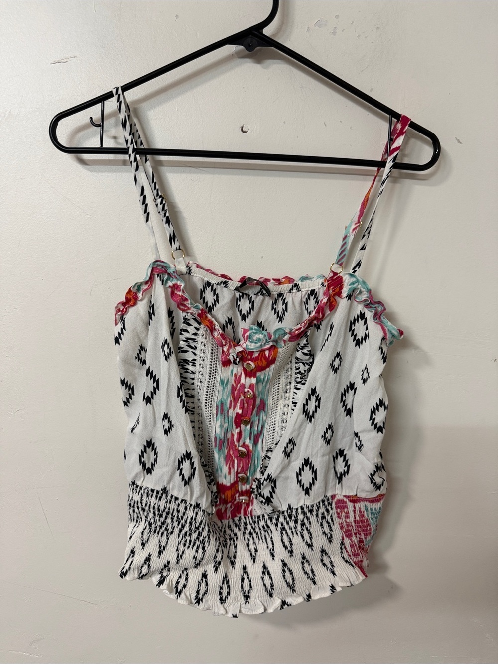 bebe White Tank Top with Black Diamond Print and Multicolor Trim